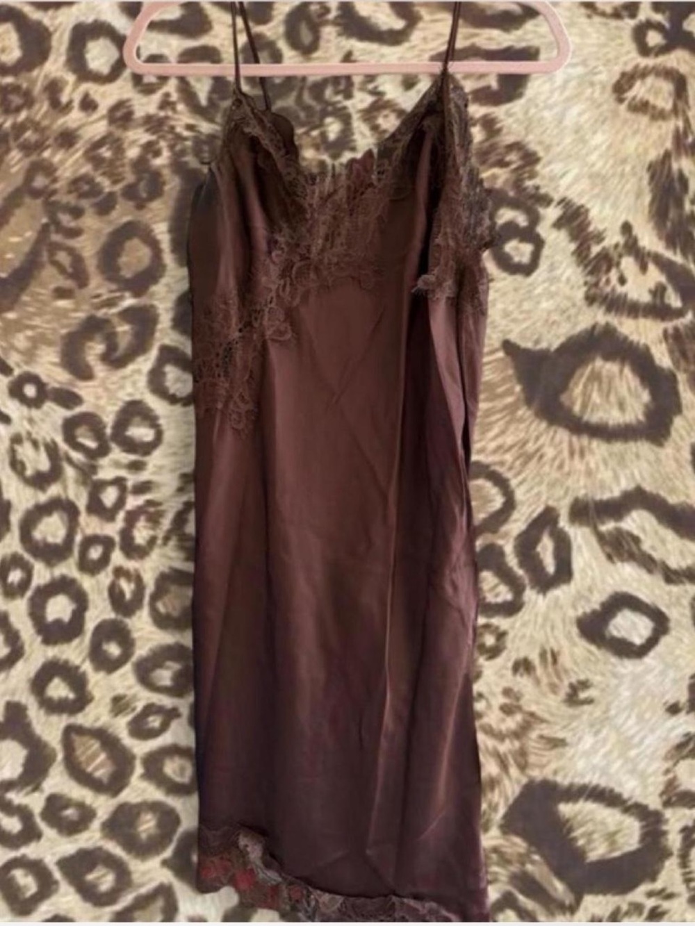 Amazon Essentials Brown Lace-Trim Asymmetrical Slip Dress